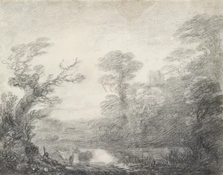 Metsäinen maisema, jossa paimen, lehmät ja kirkon torni, 1753-1757Metsäinen maisema, jossa paimen, lehmät ja kirkon torni, 1753-1757