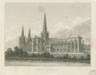 Lichfieldin katedraali - Kaakkoisnäkymä: kaiverrus, nd [c 1833] (tulostus)