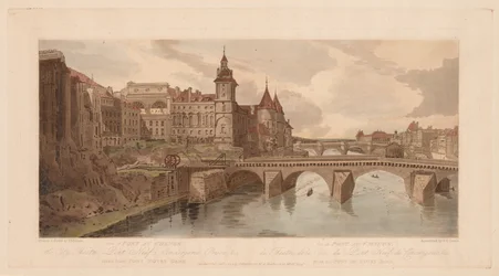 Valikoima kahdestakymmenestä Pariisin kauneimmasta näkymistä: Pont au Change -näkymä, kaupunginteatteri, Pont Neuf, Conciergerie-vankila jne. otettu Pont Notre Damesta