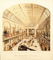 Sisäkuva Polyteknillisen oppilaitoksen Suuresta galleriasta, Regent Street, n. 1838 (värilitho)