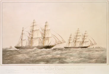 The Great China Race: Clipper-alukset "Taeping" ja "Ariel" ohittavat Lizardin 6. syyskuuta 1866 kotimatkallaan Foo-Chow-Foosta.