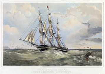 New Yorkin linjan purjevene (Yhdysvallat) Lontoo (Englanti), Southampton (kapasiteetti 1600 tonnia). Thomas Goldsworth Duttonin (1819-1891) värilitografia.