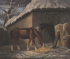 Talvimaisema, jossa kaksi hevosta ruokkimassa tallin ulkopuolella (päivätty 1804)