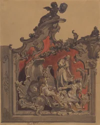 School of San Rocco, Venetsia: Tutkimus kaarevasta sisustuksesta (kynä ja muste, wc ja vartaloväri kynällä paperilla)