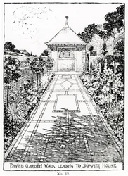 Paved Garden Walk, joka johtaa kesämökkiin, Thomas Mawsonin teoksesta "The Art and Craft of Garden Making", julkaistu 1900