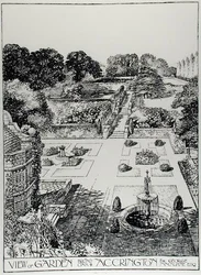 Näkymä puutarhaan, Broad Oak, Accrington, Thomas Mawsonin teoksesta The Art and Craft of Garden Making, julkaistu 1900 (kaiverrus) (m/v kuva)