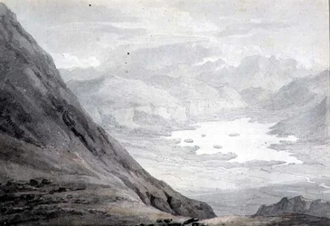 Derwentwater Skiddawsta (kynä ja akvarelli paperille)