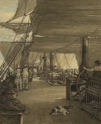 Kohtaus HMS Deal Castle -aluksen kyydissä Länsi-Intian matkalla vuonna 1775. Akvarelli