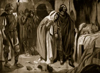 Kuningatar Ethelburga suostuttelee Ine of Wessexin luopumaan kruunusta, 728, kuvitus teoksesta "Hutchinson