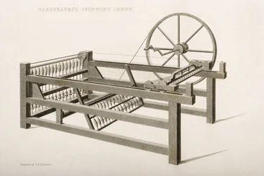 Spinning Jenny, jonka James Hargreaves keksi vuonna 1764, 1835