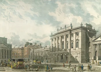 Näkymä Englannin keskuspankista, kaiverrus Daniel Havell (1785-1826), pub. 1816, Ackermannin "Taidevarasto" (akvatinta)