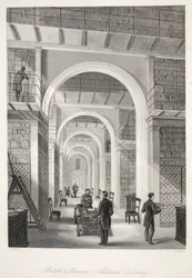 British Museum, lisäkirjasto, "London Interiors with their Costumes and Ceremonies" -pubista. Joseph Mead, Lontoo, n.1843 (teräskaiverrus)