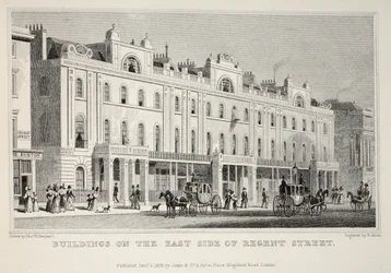 Rakennukset Regent Streetin itäpuolella, pubista "Lontoo ja sen ympäristö 1800-luvulla". Jones und Co., 1827-1829