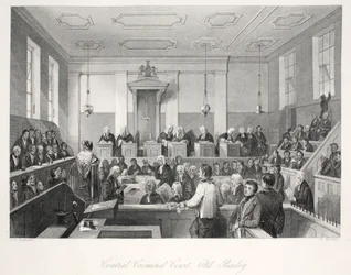Keskusrikostuomioistuin Old Baileyssa, "London Interiors with their Costumes and Ceremonies" -pubista. Joseph Mead, Lontoo, n. 1843 (teräskaiverrus)