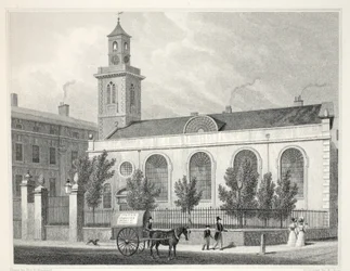 Church of St Mary, Aldermanbury, pubista "Lontoo ja sen ympäristö 1800-luvulla". Jones und Co., 1827-1829