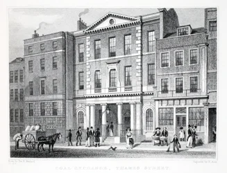 Coal Exchange, "Lontoo ja sen ympäristö yhdeksäntoista vuosisadalla" -pubista. Jones und Co., 1827-1829