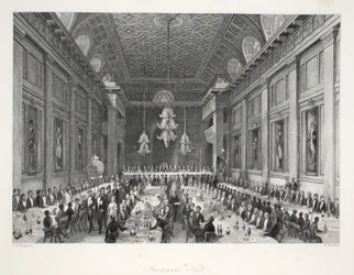 Vapaamuurarien sali, teoksesta "London Interiors with their Costumes and Ceremonies", julkaissut Joseph Mead, Lontoo, noin 1843