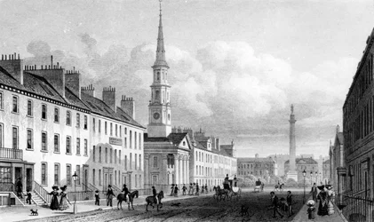 George Street, Pyhän Andreaksen kirkko ja lordi Melvillen muistomerkki, Edinburgh, kaiverrettu Thomas Barber, noin 1830.