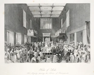House of Lords, "London Interiors with their Costumes and Ceremonies" -pubista. Joseph Mead, Lontoo, n.1843 (teräskaiverrus)