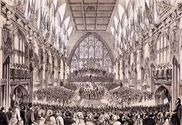 Guildsalin sisätilat - Lord Mayor ja Corporation pitävät puheensa Ranskan keisarille ja keisarinnalle, 19. huhtikuuta 1855