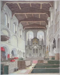 Sisäkuva St Bartholomew-the-Greatin kirkosta, Smithfield, Lontoon kaupunki, 1821.