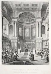 Juutalainen synagoga, Great St Helens, "London Interiors with their Costumes and Ceremonies" -pubista. Joseph Mead, Lontoo, n.1843 (teräskaiverrus)