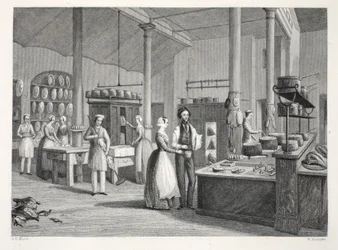 Reform Club - keittiö, "London Interiors with their Costumes and Ceremonies" -pubista. Joseph Mead, Lontoo, n.1843 (teräskaiverrus)