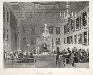 Somerset House, "London Interiors with their Costumes and Ceremonies" -pubista. Joseph Mead, Lontoo, n.1843 (teräskaiverrus)