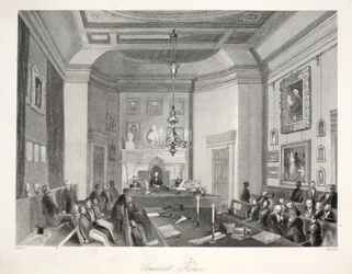 Somerset House, "London Interiors with their Costumes and Ceremonies" -pubista. Joseph Mead, Lontoo, n.1843 (teräskaiverrus)