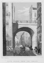 Eteläinen silta Cowgaten suunnasta, Edinburgh, kaiverrettu William Watkinsin toimesta, 1831.