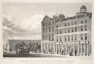 Musesien temppeli, Finsbury Square, "Lontoo ja sen ympäristö 1800-luvulla" -pubista. Jones und Co., 1827-1829