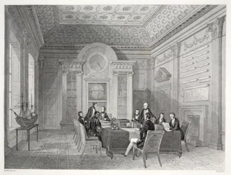 Amiraliteetin kokoushuone, julkaisusta "London Interiors with their Costumes and Ceremonies". Joseph Mead, Lontoo, noin 1843 (teräskaiverrus).