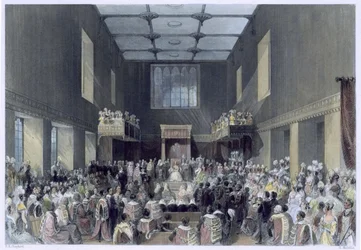 House of Lords, Hänen Majesteettinsa avaamassa parlamentin istunnon, kaiverrus Henry Melville (fl.1826-41), n. 1840