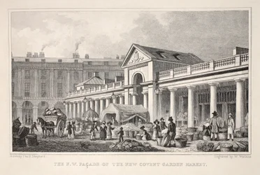 N.W. New Covent Garden Marketin julkisivu, pubista "Lontoo ja sen ympäristö 1800-luvulla". Jones und Co., 1827-1829