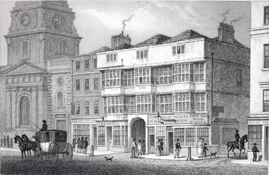 Old White Hart Tavern, Bishopsgate Street, "Lontoo ja sen ympäristö 1800-luvulla" -pubista. Jones und Co., 1827-1829