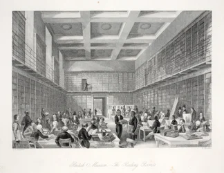 British Museumin lukusali ja kirjasto, "London Interiors with their Costumes and Ceremonies" -pubista. Joseph Mead, Lontoo, n. 1843 (teräskaiverrus)