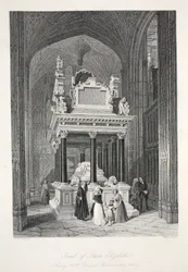 Kuningatar Elisabet I:n hauta, "London Interiors with their Costumes and Ceremonies" -pubista. Joseph Mead, Lontoo, n.1843 (teräskaiverrus)