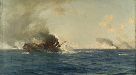 Scharnhorst-aluksen uppoaminen Falklandinsaarten taistelussa 8. joulukuuta 1914, noin 1915 (öljy kankaalle).