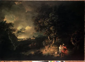 ""Myrskymaisema Aeneaksen ja Didon kanssa"" (Maisema Aeneaksen ja Didon kanssa) Kuvitus Vergiliusin Aeneista. Thomas Jonesin (1742-1803) maalaus 1769 Mitat 137,5x193,5 cm Eremitaaši, Pietari