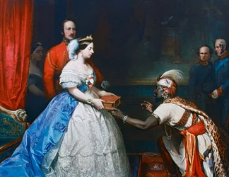 Kuningatar Viktoria luovuttaa Raamatun Windsorin audienssikamarissa, noin 1861