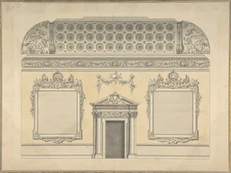 Suunnitelma rokokoohuoneen osaan, jossa kattokatto ja koristeltu korinttilais..., noin 1750.