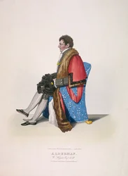 Alderman Sir William Heygate, istuva ja kansalaisasu, jossa on viitta ja hattu, 1825