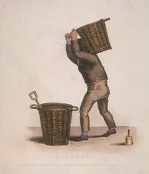 Pölymies kantamassa roskakoria selässään, 1820