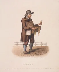 Pedlar tavaralaatikkonsa ripustettuna kaulaansa, 1820
