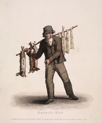 Kanikauppias kantaa kanien kanssa ripustettua sauvaa, 1820