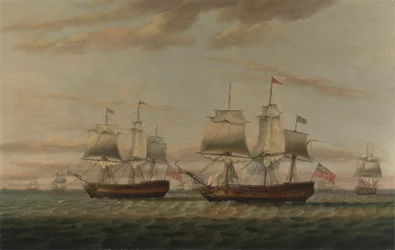 Intiaani ja kaksikerroksinen Hove to, sanotaan olevan Thomas Dumar, Esq. julkaisussa H.M. Alus "Portland" toimitti Leeward Islandin saattueen vuonna 1776