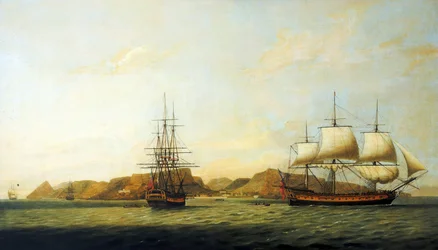 Itä-Intian komppanian alus Northumberland, rakennettu vuonna 1780, Saint Helenan saaren edustalla Englannin ja Bengalin (Intia) välisillä matkoilla.