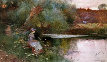 Hampton Lucy, Warwickshire. Nuori tyttö istuu järven rannalla maaseudulla. Thomas Mackayn (1851-1920) maalaus. Yksityiskokoelma.
