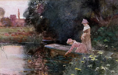 Vesililjojen poimiminen. Kaksi nuorta tyttöä veneessä lammella poimimassa vesililjoja. Thomas Mackayn (1851-1920) maalaus. Yksityiskokoelma.