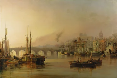 Näkymä Newcastleen Tyne-joelta, merenkulku etualalla, 1831